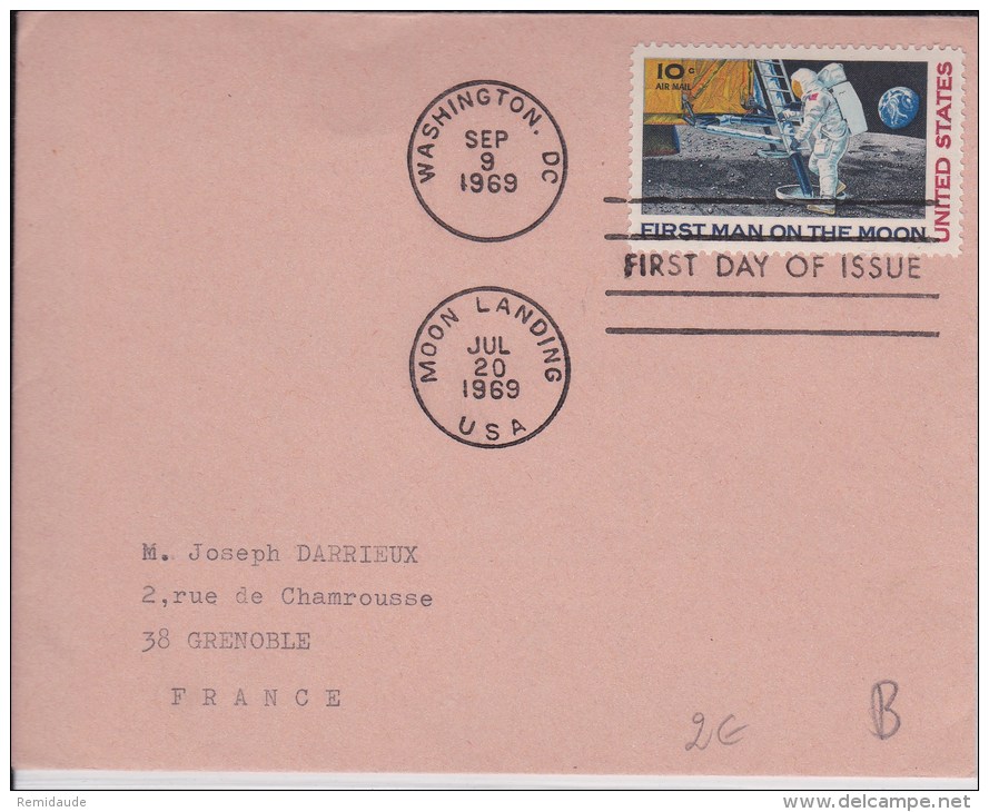 USA - 1969  - ENVELOPPE F.D.C.  - De WASHINGTON D.C. à GRENOBLE (FRANCE) - ATTERISSAGE SUR LA LUNE - 1ER JOUR D'EMISSION - Lettres & Documents