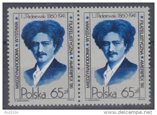 POLAND 1986 INTERNATIONAL PHILATELIC EXHIBITION CHICAGO USA AMERIPEX 86 PAIR NHM Paderewski Music Piano Pianist Composer - Cartes Souvenir