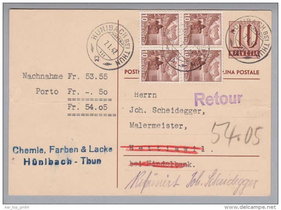 Heimat BE Hunibach Bei Thun 1942-01-07 NN-Ganzsache 50Rp.Porto Fr. 54.05 Nach Hettiswil Refüsiert - Lettres & Documents