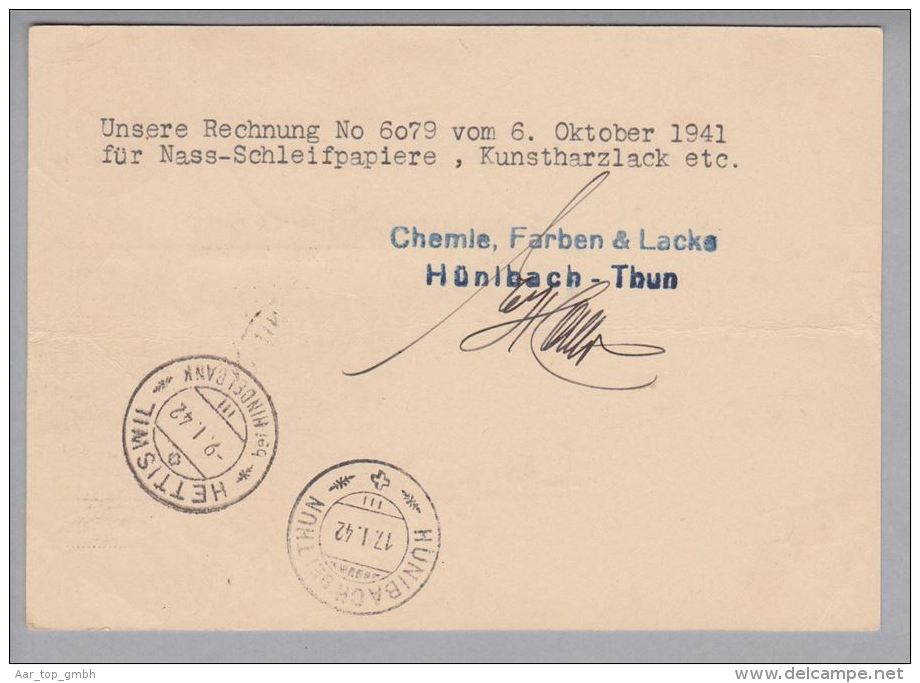 Heimat BE Hunibach Bei Thun 1942-01-07 NN-Ganzsache 50Rp.Porto Fr. 54.05 Nach Hettiswil Refüsiert - Lettres & Documents