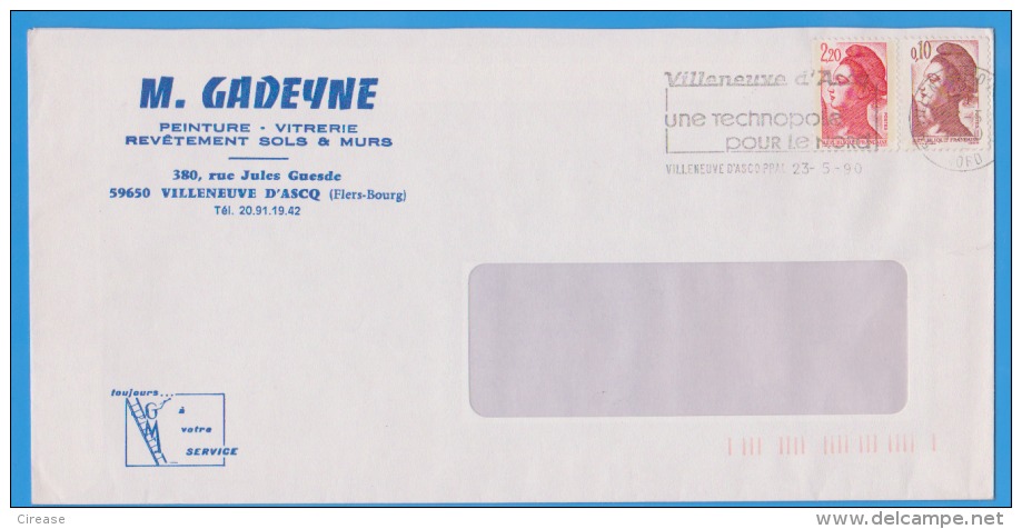 VILLENEUVE D'ASCQ UNE RECHNOPOLE POUR LE NORD POSTMARK ON COVER,  1990 FRANCE - Covers & Documents