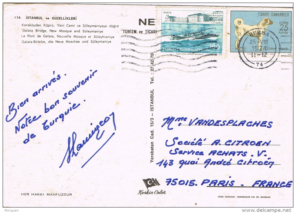 3981. Postal BURSA (Turquia) 1974. Istambul, Pont De Galata - Storia Postale