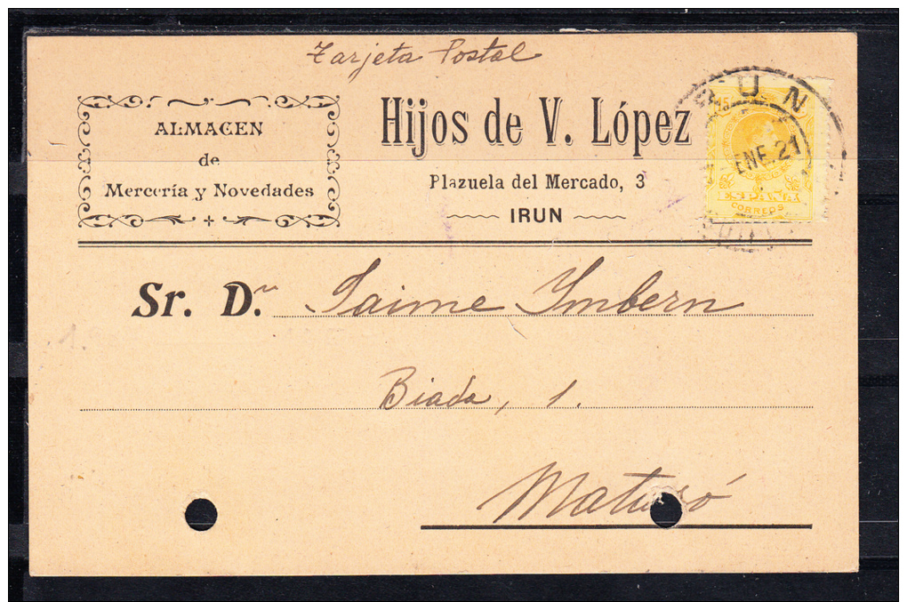 IRUN..TARJETA COMERCIAL.HIJOS DE V. LOPEZ.MERCERIA Y NOVEDADES   CIRCULADA.1911.CON SELLO DE ALFONSO XIII - Guipúzcoa (San Sebastián)