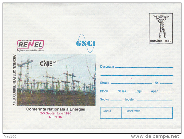 ELECTRIC ENERGY NATIONAL CONFERENCE, COVER STATIONERY, ENTIERE POSTAUX, 1996, ROMANIA - Elettricità