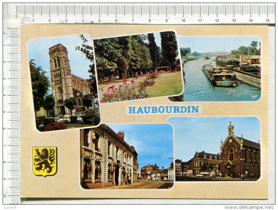 HAUBOURDIN -  5 Vues : Eglise St Maclou - Jardin Public - Canal  (Péniche )  - Hôtel De Ville - Hôpital - Hospice - Haubourdin