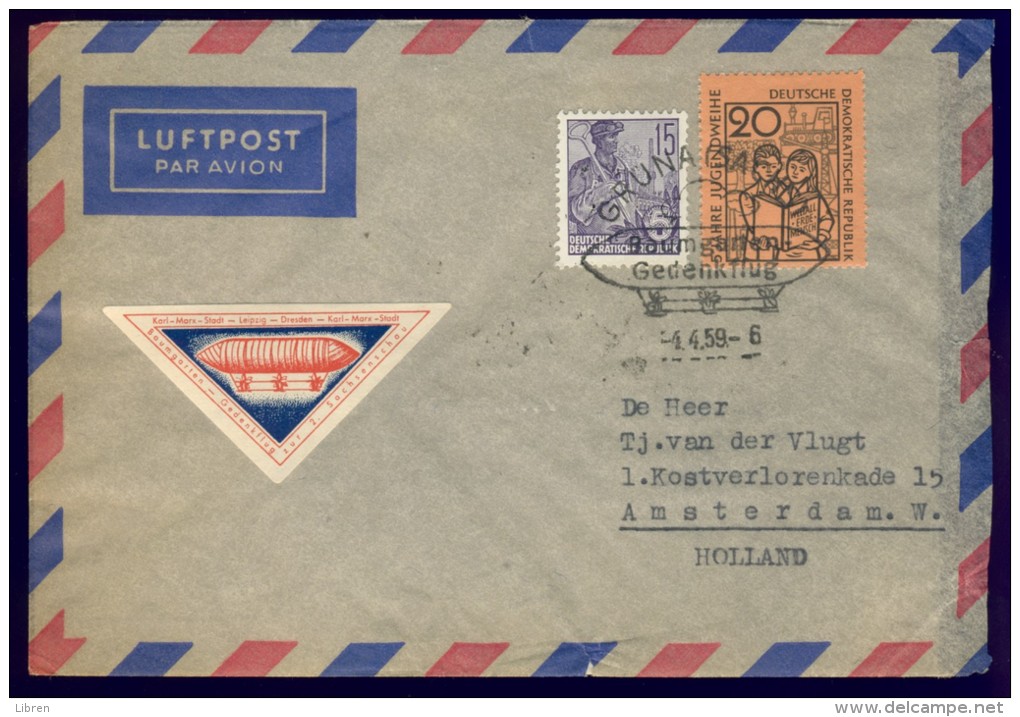 DV7-111 EAST GERMANY, DDR 1959 AIRMAIL LETTER SONDERSTEMPEL BAUMGARTEN GEDENKFLUG, BACKSIDE SONDERSTEMPEL. - Zeppelins