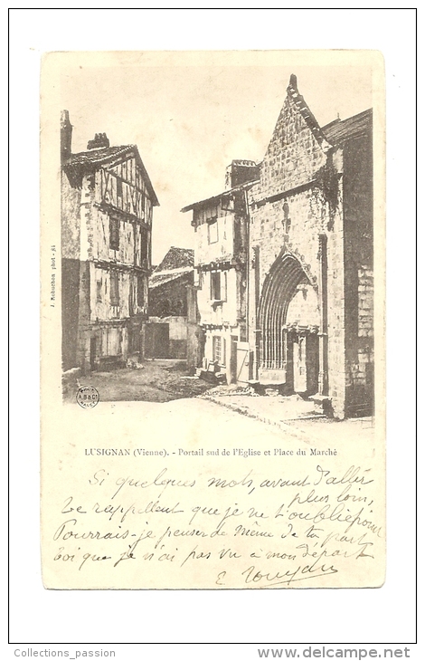 Cp, 86, Lusignan, POrtail Sud De L'Eglise Et Place Du Marché, Voyagée 1901 - Lusignan