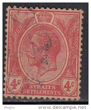 Straits Settlements Used 1921,  4c Caramine Red,  King George V Series, Malaya / Malaysia - Straits Settlements