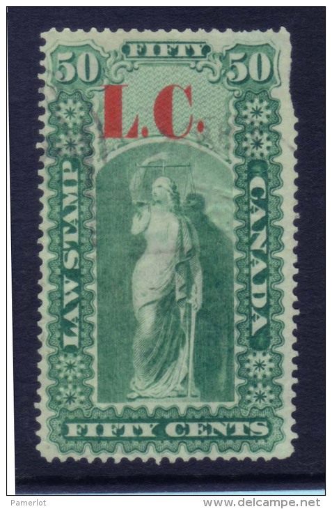 1864 Lower Canada QL5 Quebec Law Stamp ( 50c Green Dot After "L.C." Up Shifting ) Timbre Taxes Bas Canada Recto/verso - Fiscale Zegels