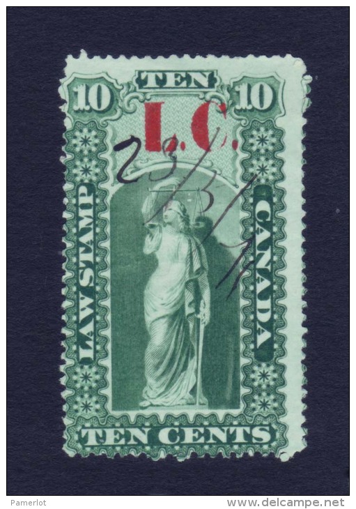 1864 Lower Canada QL1 Quebec Law Stamp ( 10c Green * Tin And Missing Line On "C " ) Timbre Taxes Bas Canada Recto/verso - Steuermarken