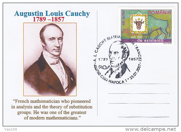 AUGUSTIN LOUIS CAUCHY, MATHEMATICIAN, SPECIAL POSTCARD, 2007, ROMANIA - Informática