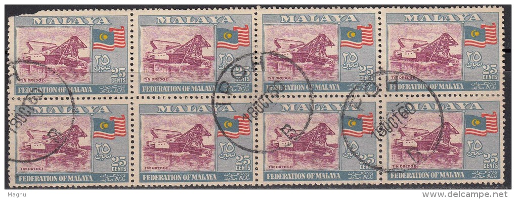 Malaysia Used 1957, Block Of 8, Tin Dredger, Mineral, As Scan - Fédération De Malaya