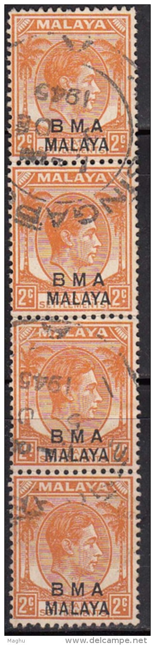 BMA,,  2c Strip Of 4, King George VI Used 1945, Malaya / Malaysia - Malaya (British Military Administration)