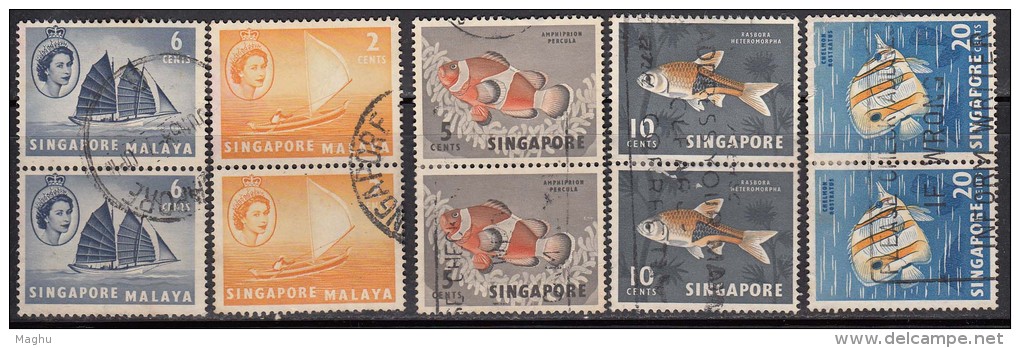 Singapore Used 1955, 5 Pairs, Fish, Ship, - Singapour (...-1959)