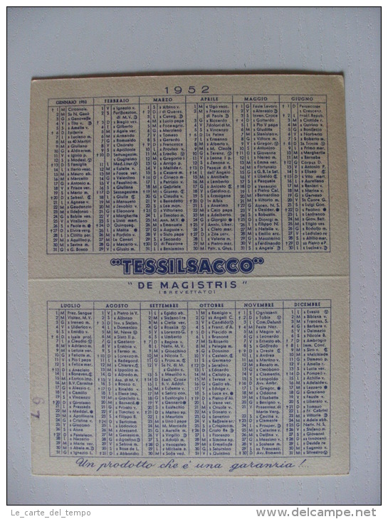 Calendarietto TESSILSACCO "De Magistris" 1952 - F.lli MARCHIA. ASTI - Petit Format : 1941-60