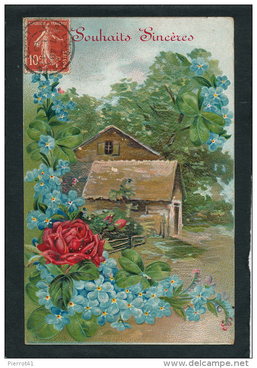 FLEURS - Jolie Carte Fantaisie Gaufrée Fleurs Myosotis Rose Maison "Souhaits Sincères" (embossed Postcard) - Nouvel An