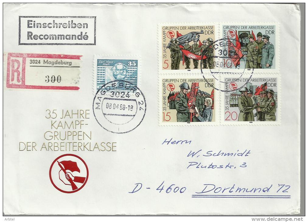 ALEMANIA DDR  CC CERTIFICADA 35 ANIVERSARIO MILICIAS OBRERAS SOLDADO MILITAR BANDERA - Militares