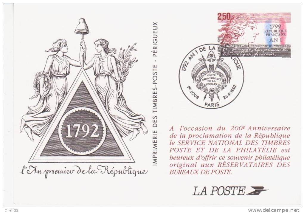 Entier-postal 1792 An 1 De La République, 26/09/1992, Paris (entier Offert Aux Réservataires Des Bureaux De Poste) - Rivoluzione Francese