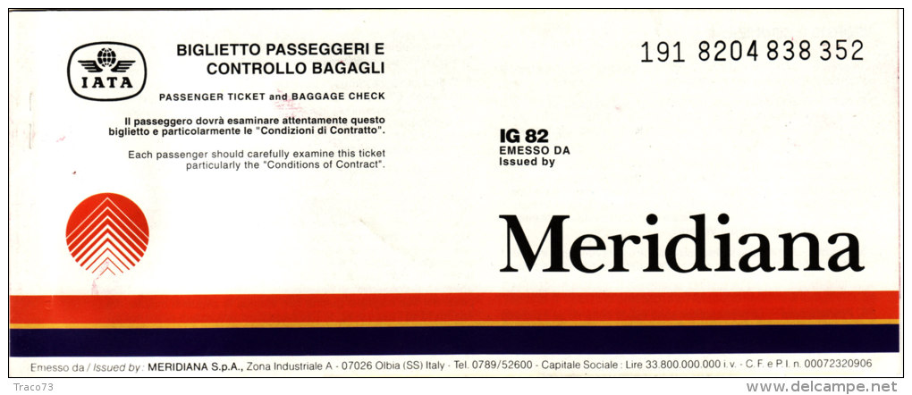 MERIDIANA  /  Ticket _ Biglietto Aereo - Europa