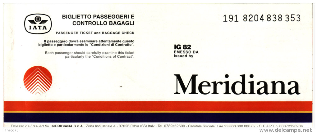 MERIDIANA  /  Ticket _ Biglietto Aereo - Europe