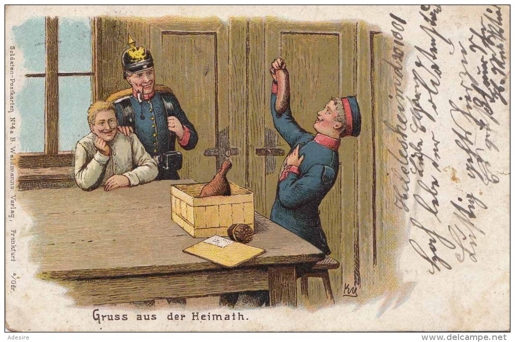 Soldaten Pickelhaube Wurst Schinken Gruss Aus Der Heimat Litho Gelaufen 1901 - Humoristiques