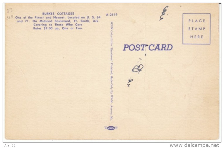 Fort Smith AR Arkansas, Burkes Cottages, Motel Lodging, C1930s/40s Vintage Linen Postcard - Fort Smith
