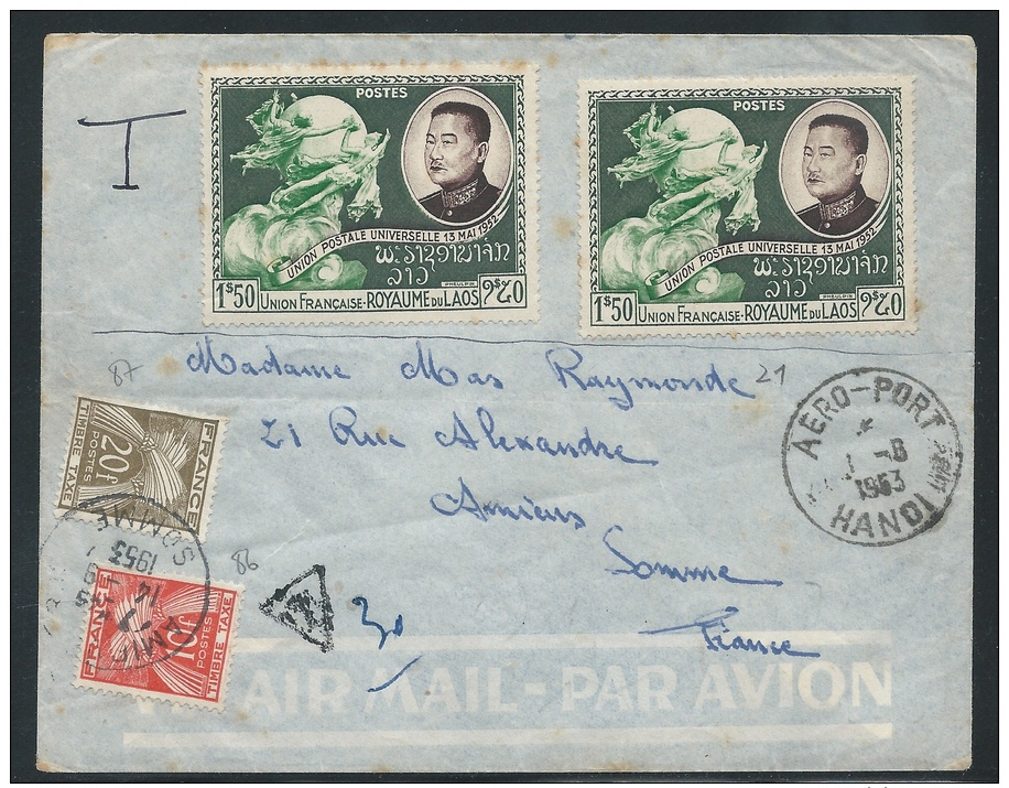 Laos 1953, Airmail Cover From Laos To Somme France, 30fr French Postage Due - Laos
