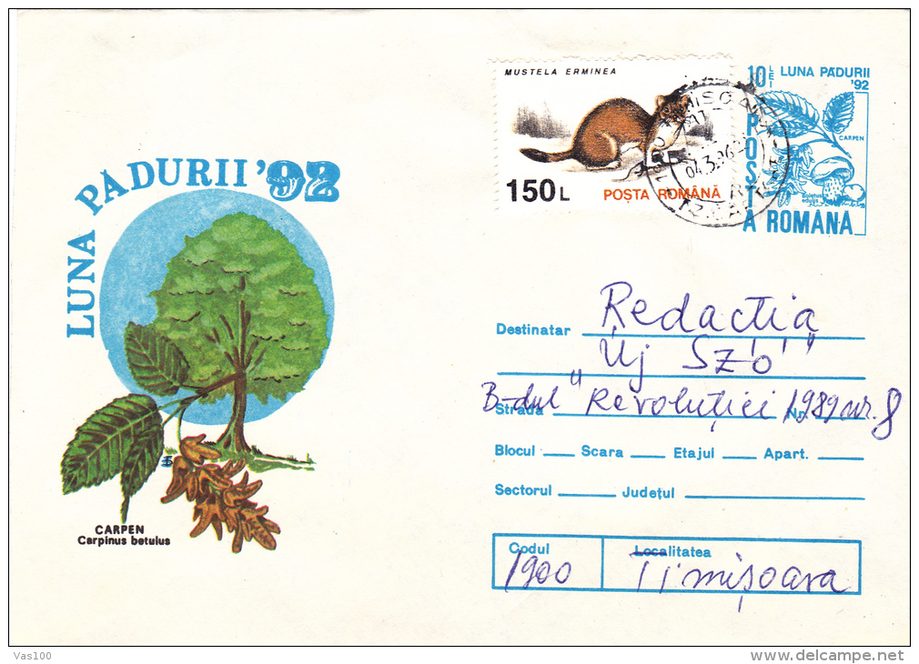 MONTH OF THE FOREST `92, CARPINUS BETULUS,COVER STATIONERY, 1992,ROMANIA - Briefe U. Dokumente