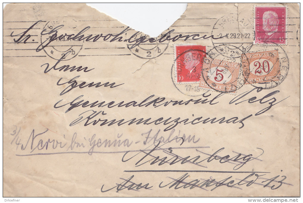 Italien Porto 5, 22 MiF Auf Nachgesandtem Brief Mit DR 413, 414 Von Bresla 2.4.1929 über Nürnberg Nach Genua - Postage Due