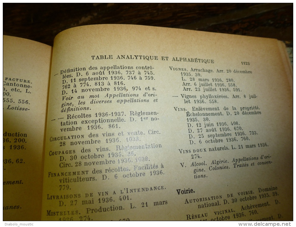 1936  RECUEIL des LOIS ,dont aussi Colombophilie ; Réfugiés arméniens et russes; Viticulture:POMMARD, BEAUNE, Nuits-St-G