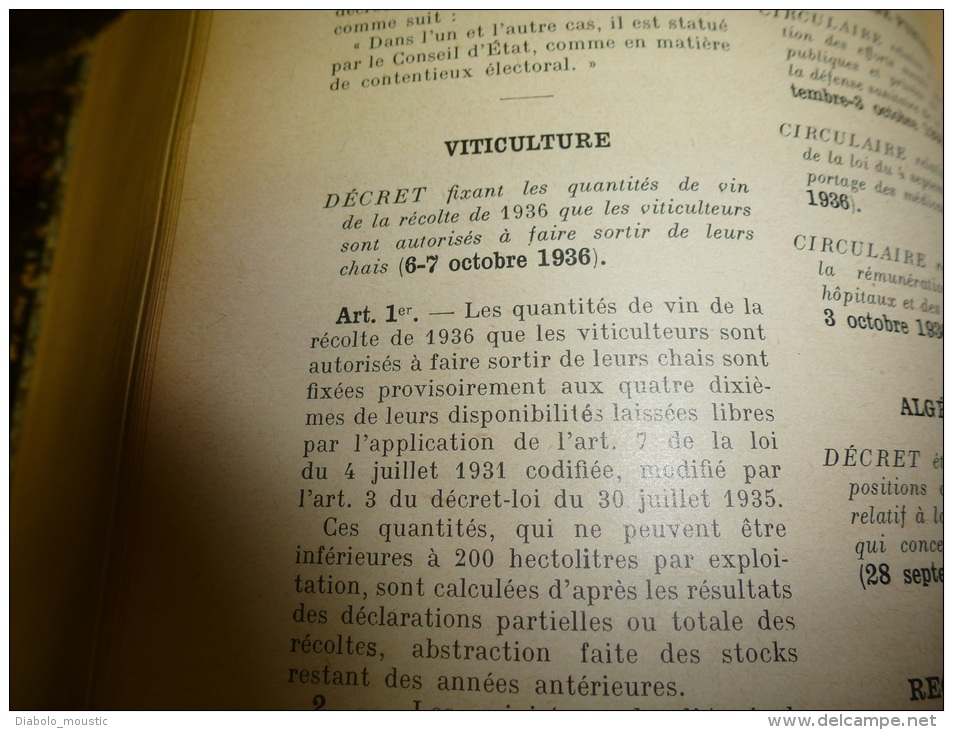 1936  RECUEIL des LOIS ,dont aussi Colombophilie ; Réfugiés arméniens et russes; Viticulture:POMMARD, BEAUNE, Nuits-St-G