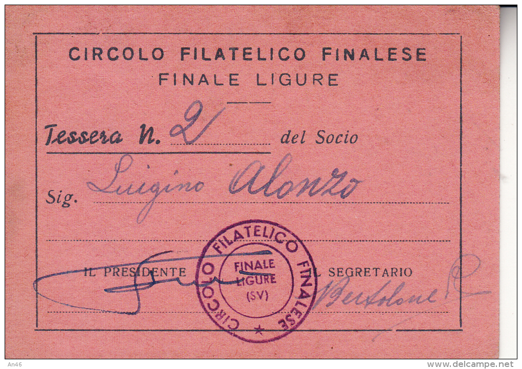 TESSERA CIRCOLO FILATELICO FINALESE-FINALE LIGURE -ORIGINALE D´EPOCA 100% - Collezioni