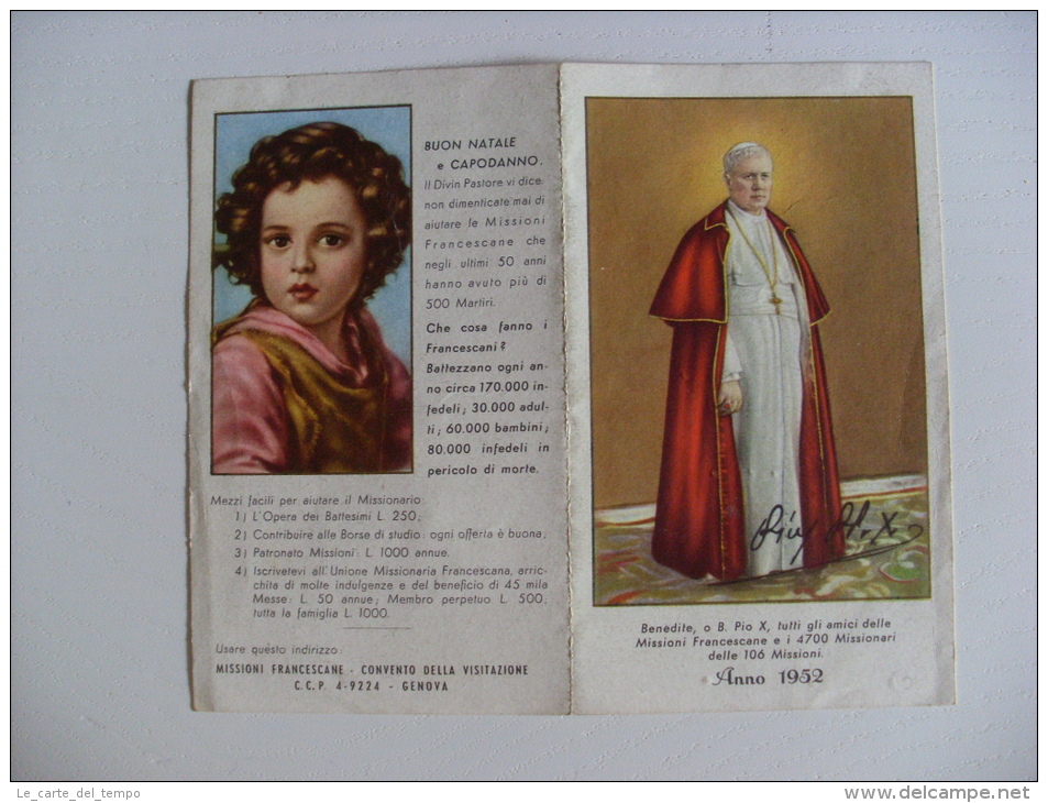 Calendarietto/calendario Santino "PIO X" Anno 1952 Missioni Francescane - Tamaño Grande : 1941-60