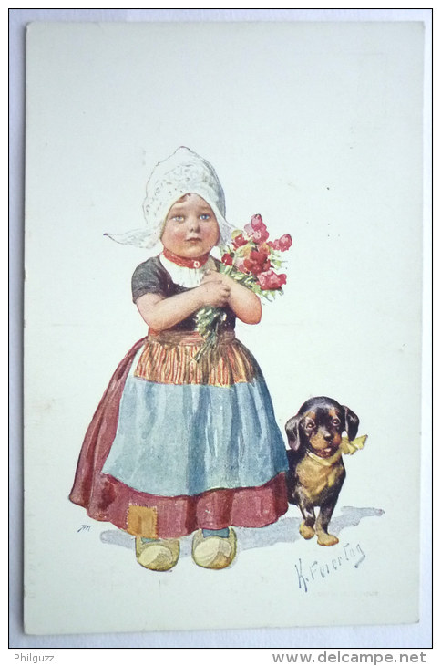 CPA HUMORISTIQUE -  ILLUSTRATEUR KARL FEIERTAG - FILETTE CHIEN ET FLEURS - Feiertag, Karl