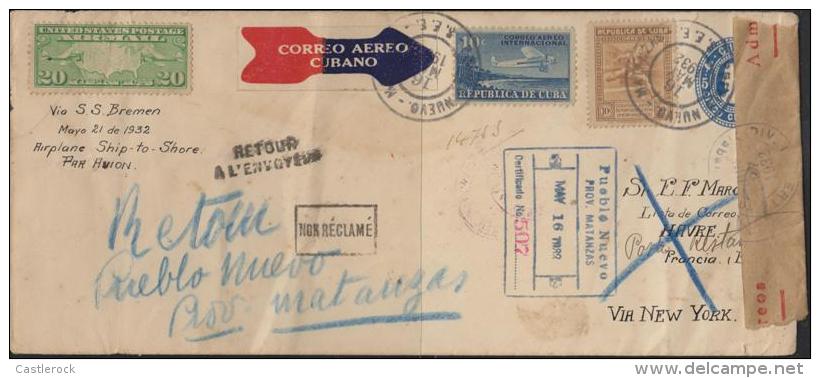 O)1932CUBA, CATAPULT FLIGHT COVER, POSTAL STATIONARY OF COLUMBUS, POR VAPOR \"S.S EUROPA, GERMAN SEAL XF - Poste Aérienne