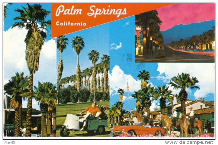 Palm Springs CA California, Corvette Sports Car, Golf Cart, C1960s/80s Vintage Postcard - Palm Springs