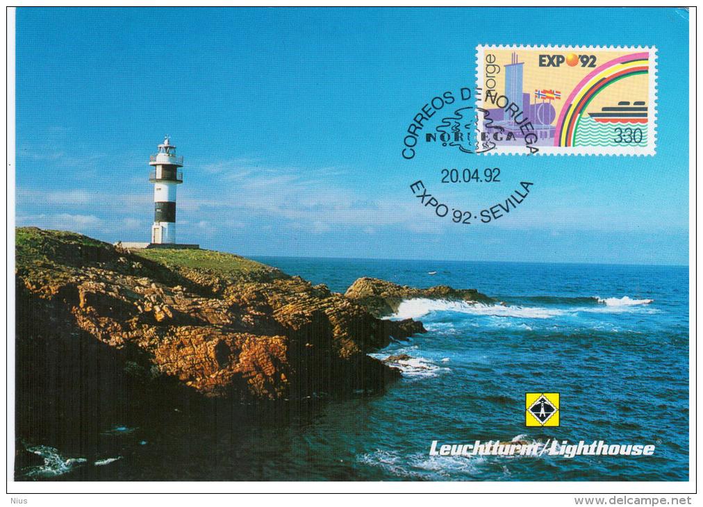 Norway Noruega 1992 Lighthouse Leuchtturm Maximum Card Canceled In Sevilla - Maximumkaarten