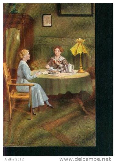 Maler E. Frank Plauderstündchen Zwei Frauen Beim Kaffee Tisch Lampe Um 1917 - Frank, Elly