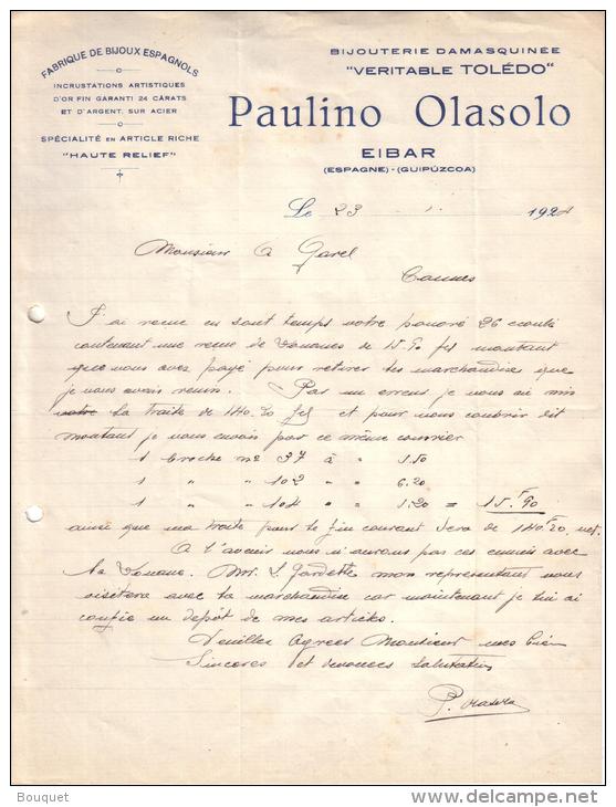 ESPAGNE - EIBAR - FABRIQUE DE BIJOUX - BIJOUTERIE DAMASQUINEE " VERITABLE TOLEDO " - PAULINO OLASOLO - LETTRE - 1924 - Spanien