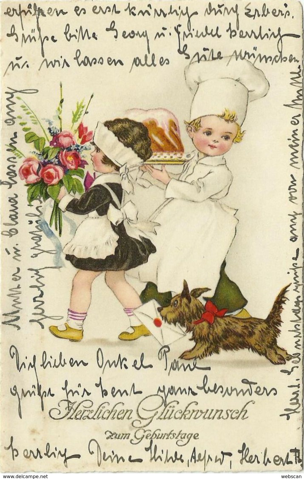 AK Kinder Junge Bringt Kuchen Mädchen Blumen Hund Brief 1930 #05 - Tarjetas Humorísticas