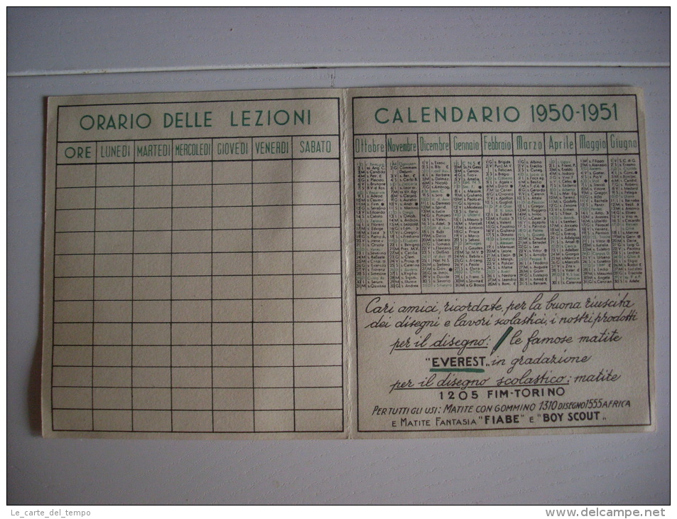 Calendario/calendarietto Scolastico 1950 - 1951 Matite EVEREST Torino. Con Orario Delle Lezioni - Formato Piccolo : 1921-40
