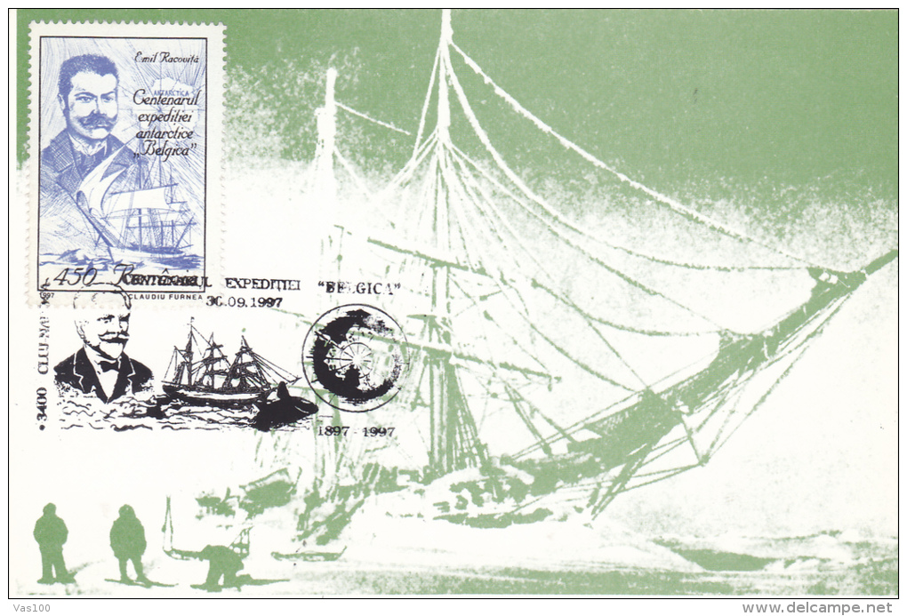 BELGICA SHIP,BELGICA EXPEDITION IN THE ANTARCTIC,EMIL RACOVITA - POLAR EXPLORER, CARTES MAXIMUM,CM, 1998,ROMANIA - Navires & Brise-glace
