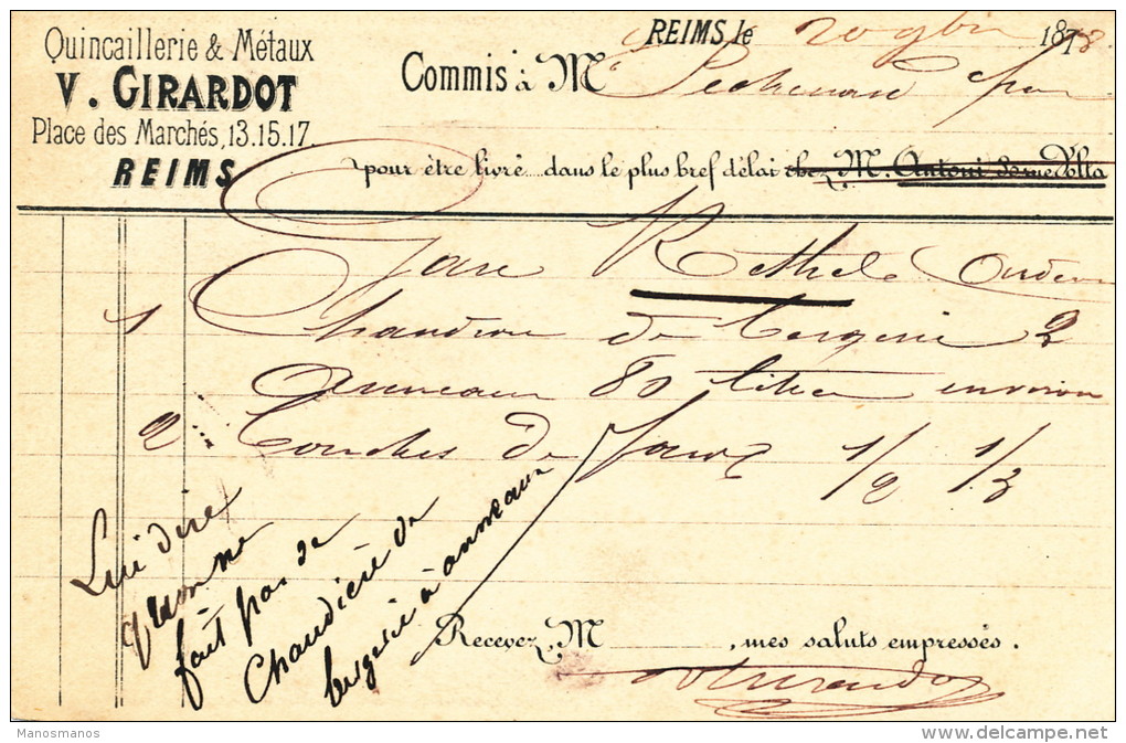 252/21 - FRANCE Carte Précurseur EDITION PRIVEE 1878 - REIMS Quincaillerie Girardot - Vers BOURG FIDELE - Cartes Précurseurs