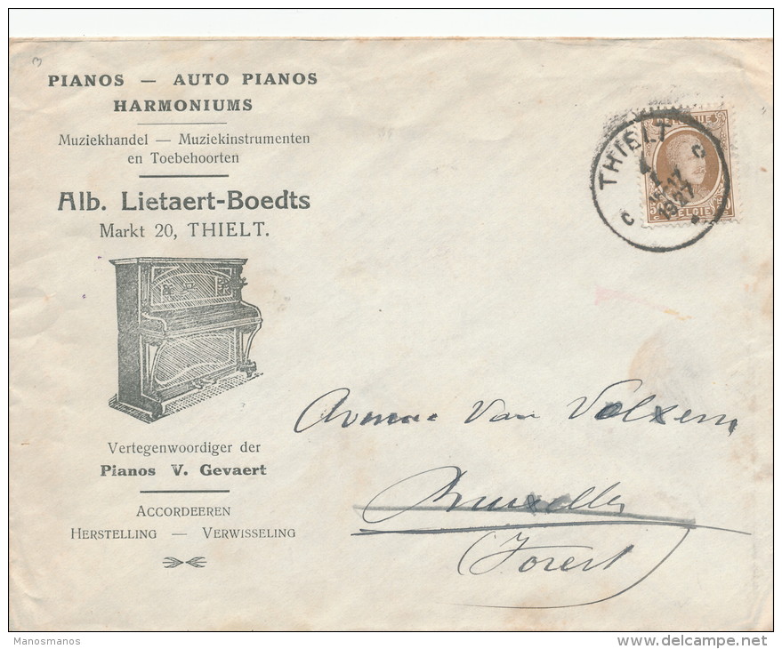 260/21 -- Lettre TP Houyoux THIELT 1927 Vers FOREST - Entete Et Superbe Illustration Pianos Lietaert-Boedts - 1922-1927 Houyoux