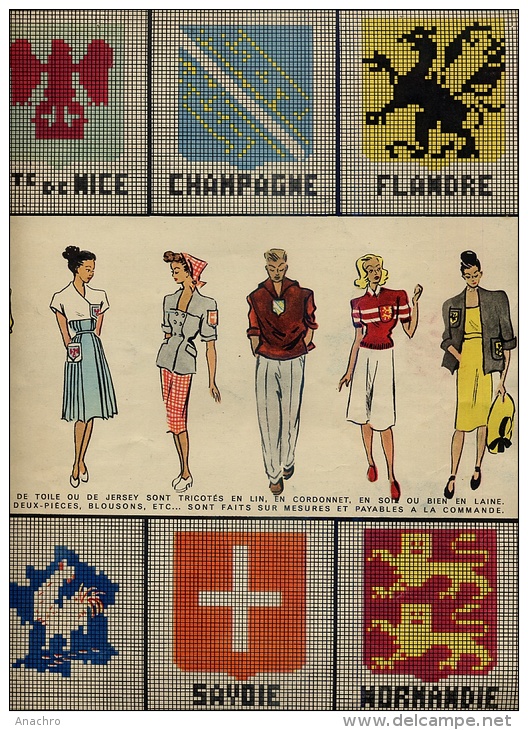 Collection BLEUET 1949 / Revue MODE CREATION BRODERIES BLASONS PROVINCES RAYURES CROCHET - Patrones