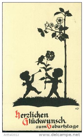 Scherenschnitt Geburtstag Birthday Kinder Blumen Flower Vogel Bird Ost 10.7.1935 - Silhouette - Scissor-type