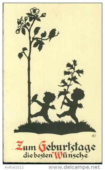 Scherenschnitt Geburtstag Birthday Kinder Blumen Flower Vogel Bird Ost 12.7.1935 - Scherenschnitt - Silhouette