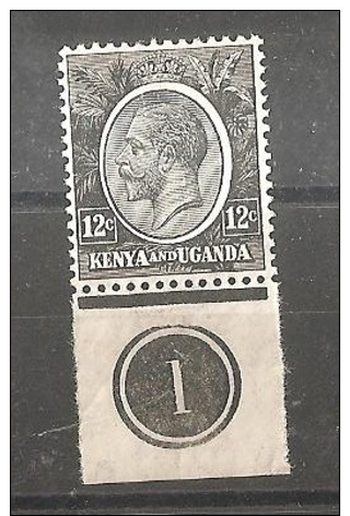 KENYA & UGANDA 1922 12c JET-BLACK SG 81 PLATE NUMBER "1" MINT NEVER HINGED - Kenya & Uganda