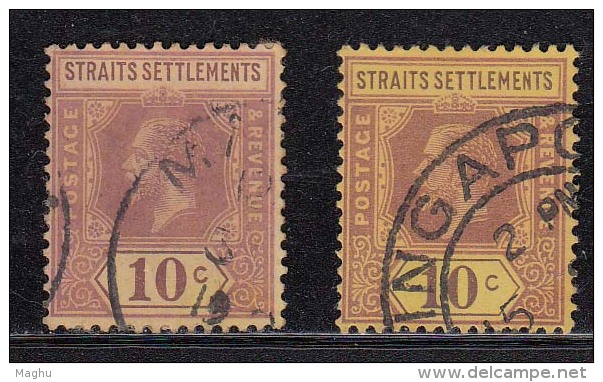 Straits Settlements Used 1921, Wmk Script CA ,  Diff., Shades / Colour Of 10c King George V, Malaya / Malaysia - Straits Settlements
