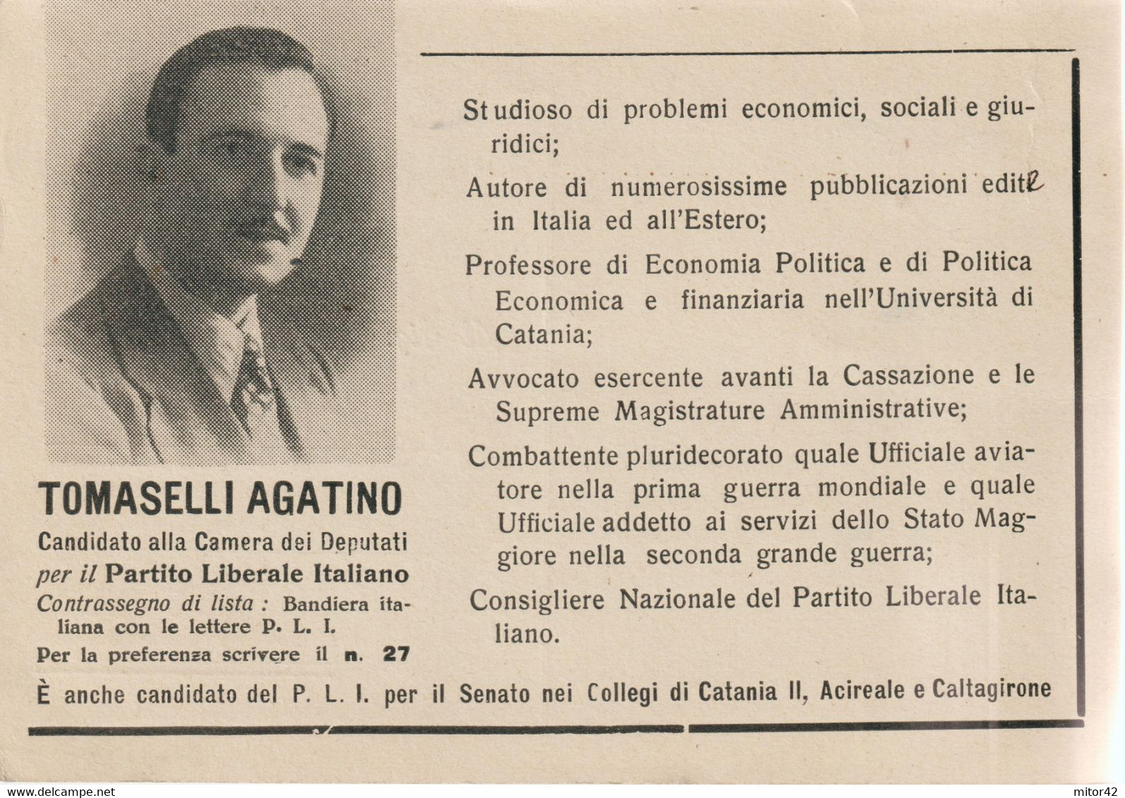 6-Politica-P.L.I.-Prof. Agatino Tomaselli-Collegi: Catania-Acireale E Caltagirone - Partidos Politicos & Elecciones